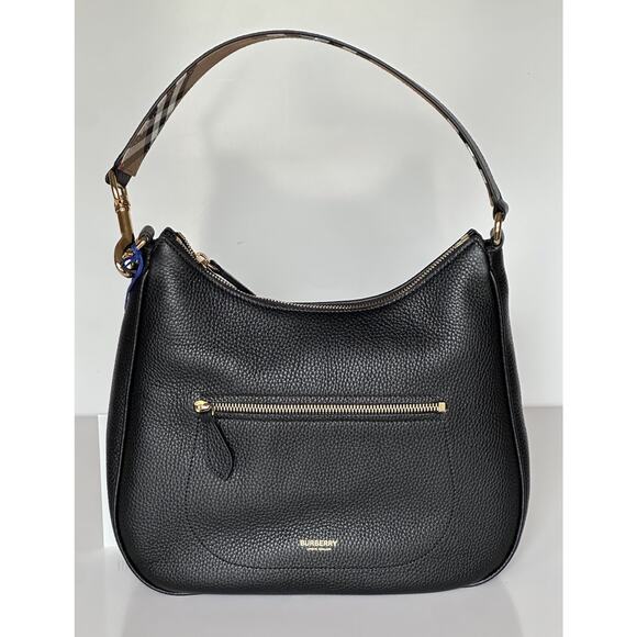 Burberry Hobo Leather Shoulder Bag Check Strap Black 81046821 Italy NWT $1750 - Picture 2 of 16